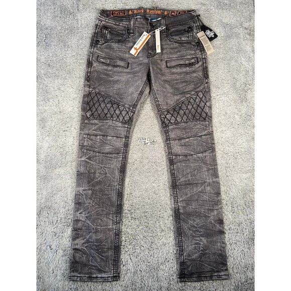 Rock Revival Mike K16 Biker Moto Skinny Jeans Size 40 x 33 Light Black Acid Wash